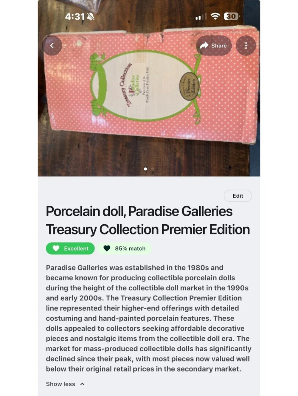 Vintage Paradise Galleries Treasury Collection Premier Edition Porcelain Doll